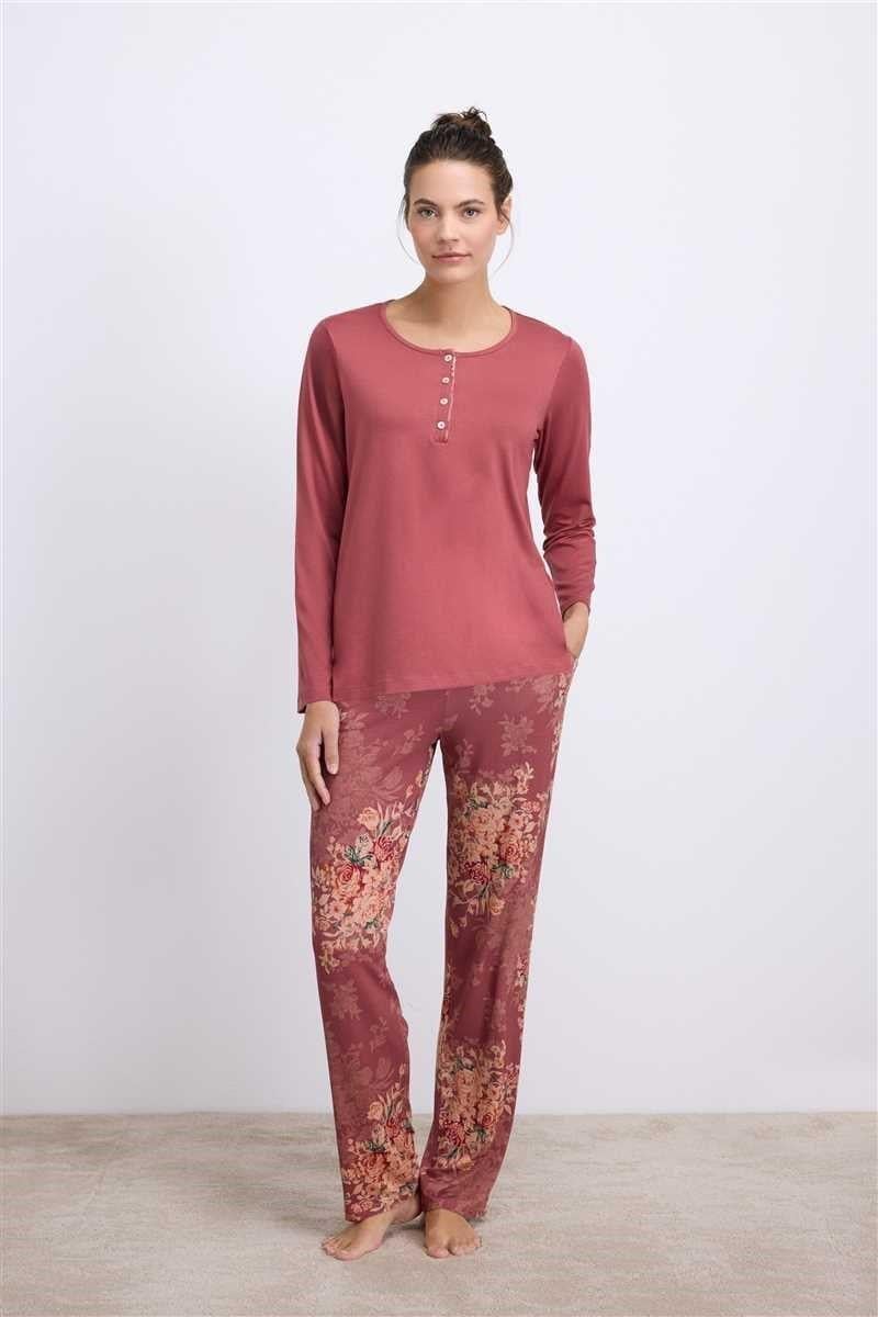Anıl Kadın Çiçek Desenli Uzun Kollu Viskon Kumaştan T-Shirt ve Pantolon Pijama Takımı (11628)