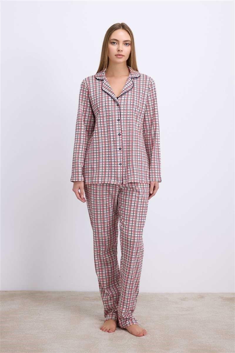 Anıl Kadın Pamuklu Uzun Kol Düğmeli Gömlek ve Ekose Pantolon Pijama Takımı Zamansız Şıklık 11627