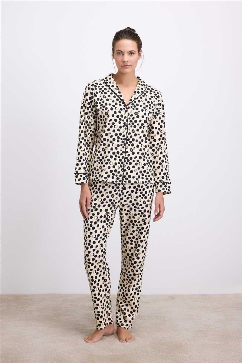 Anıl Kadın Uzun Kollu Gömlek Yaka Leopar Desenli  %100 Pamuk Pijama Takımı 11550