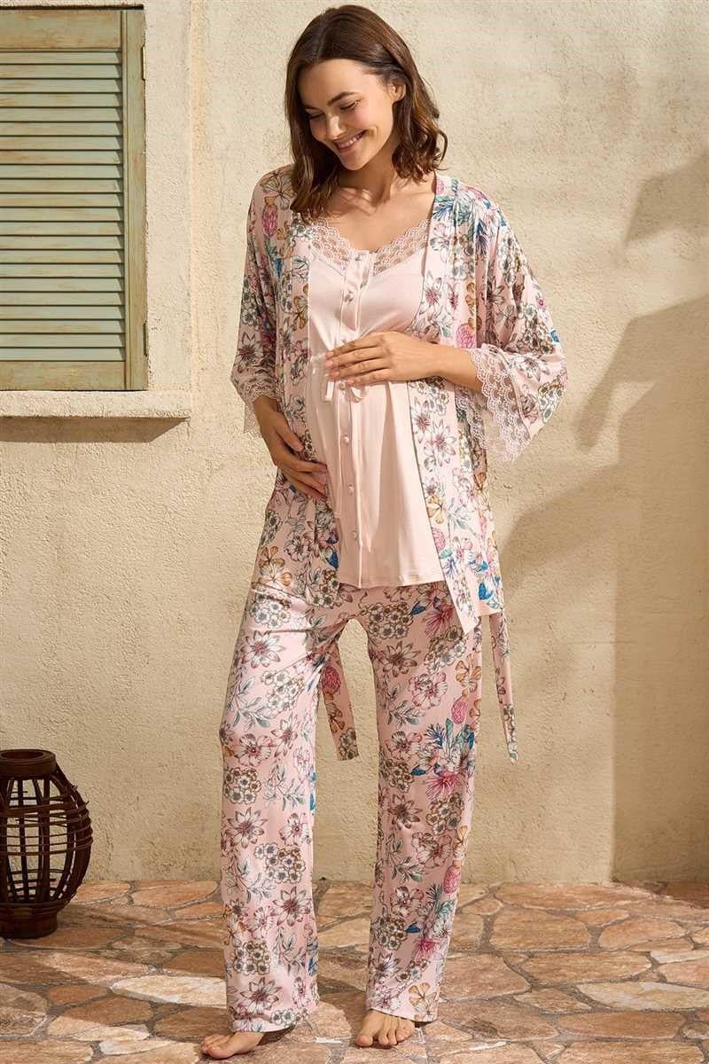 İp Askılı V Yaka Kadın Çiçek Desenli Yazlık Dantel Detaylı Hamile Pijama Takımı Sabahlık Anıl 5773