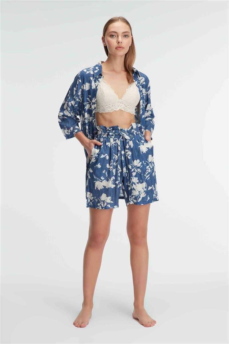 İp Askılı V Yaka Viskon Çiçek Desenli Yazlık Mini Dantel Detaylı Pijama Takımı Sabahlık Anıl 5763