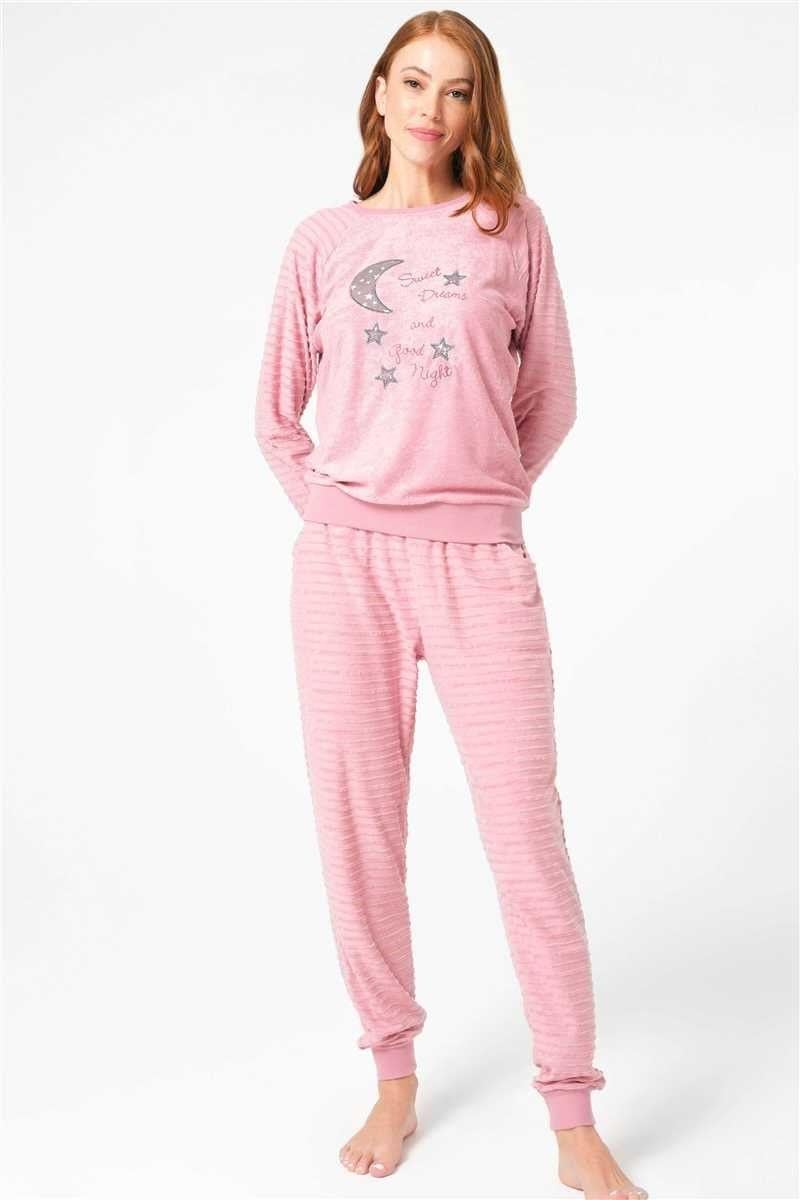 Kadın Çizgili Polar Göğüs İşlemeli Uzun Kol Sweatshirt ve Pantolon Pijama Takım (9737)