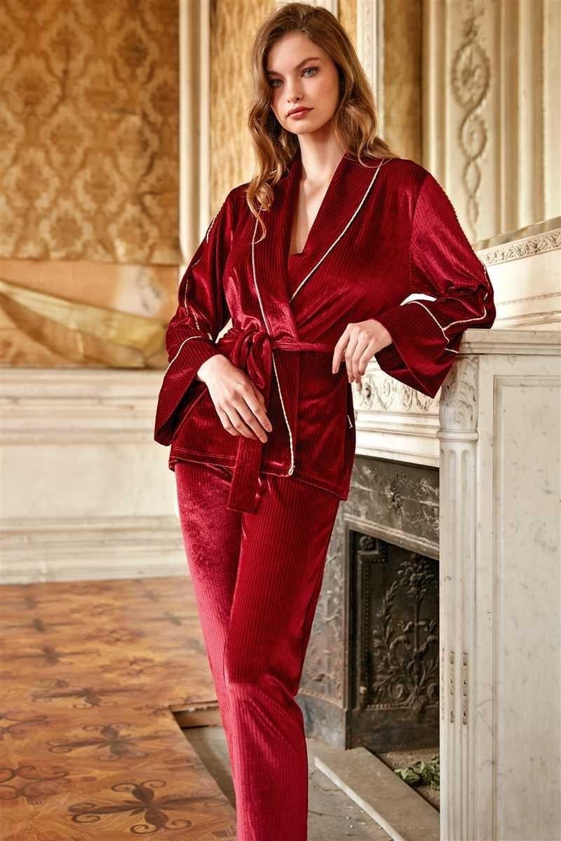 Kadın Fitilli Kadife Kimono Sabahlık ve Pantolon Pijama Takım (9666)