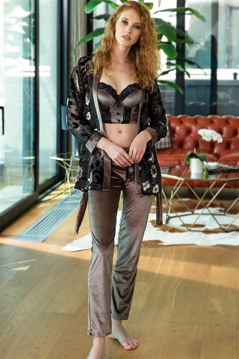 Kadın Kadife Çiçek İşlemeli Sabahlık Balenli Destekli Dolgulu Dantelli Büstiyer Sütyen ve Pantolon Pijama 3'lü Takım (5552)