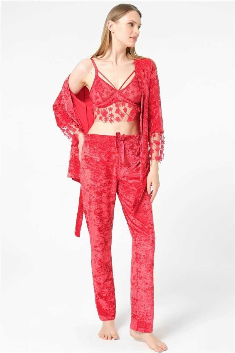 Kadın Kadife Dantelli Sabahlık Balensiz Desteksiz Dolgusuz Yaka Detaylı Bralet Sütyen ve Pantolon Pijama 3'lü Takım (5634)