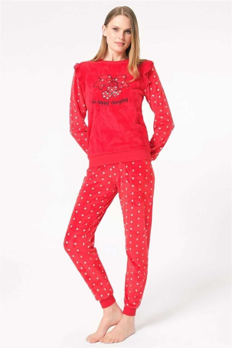 Kadın Kadife Puantiyeli Göğüs İşlemeli Uzun Kol Sweatshirt ve Pantolon Pijama Takım (9749)