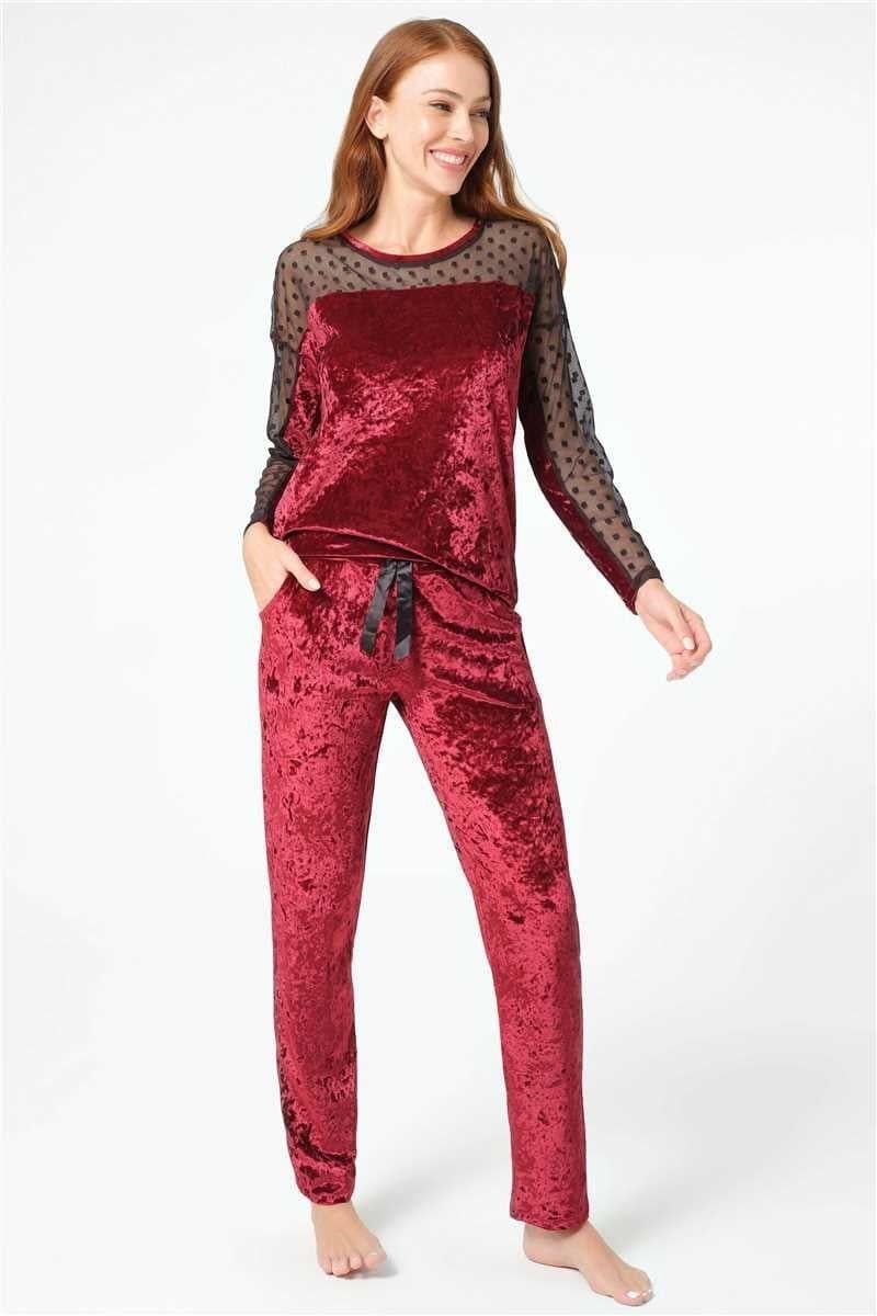 Kadın Kadife Puantiyeli Tüllü Sırt Detaylı Uzun Kollu Sweatshirt ve Yandan Cepli Pantolon Pijama Takım (9798)