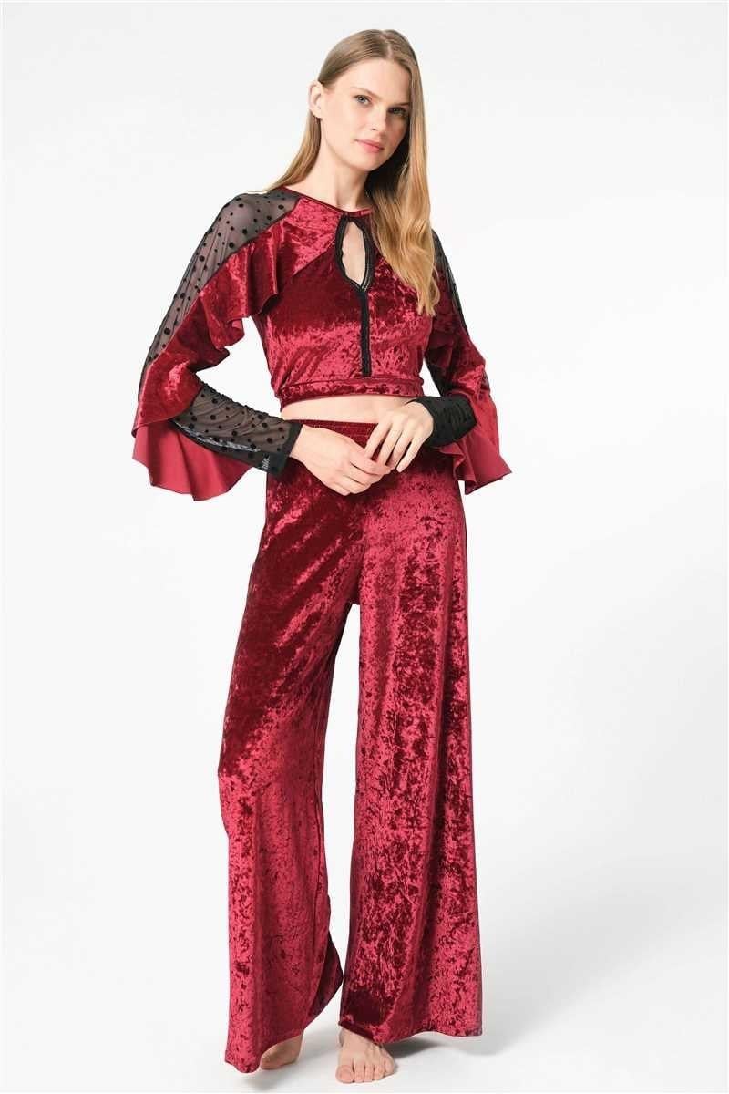 Kadın Kadife Puantiyeli Tüllü Yaka Detaylı Uzun Kol Bluz ve İspanyol Paça Pantolon Pijama Takım (9744)