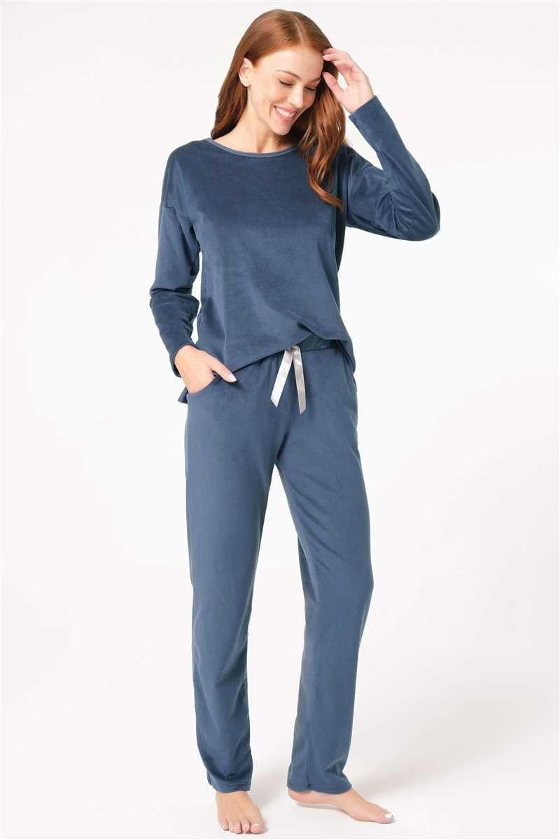 Kadın Kadife Sırt İşlemeli Uzun Kollu Sweatshirt ve Yandan Cepli Pantolon Pijama Takım (9797)