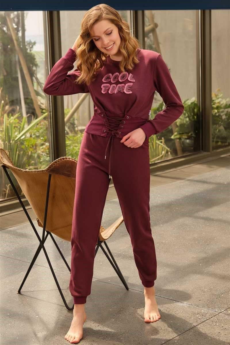 Kadın Pamuklu Göğüs İşlemeli Bel Detaylı Uzun Kollu Sweatshirt ve Pantolon Pijama Takım (9752)