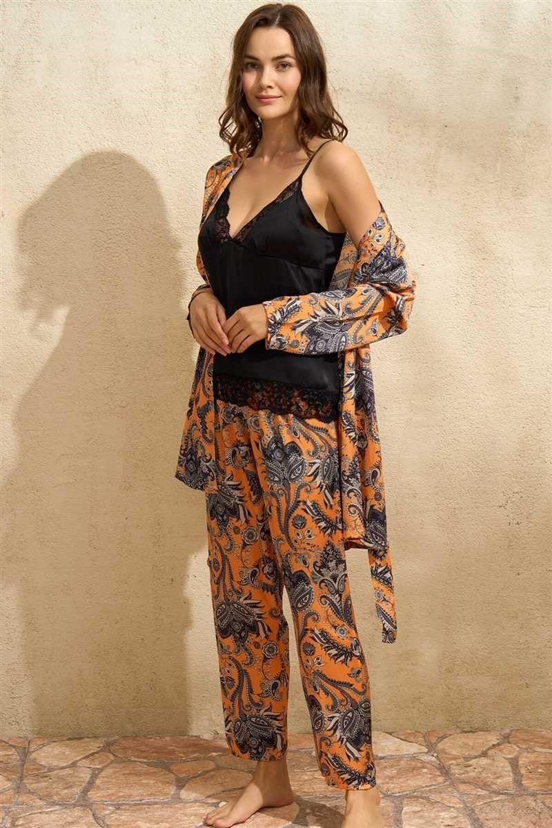 Kadın Saten Çiçek Baskılı Sabahlık Dantelli Atlet ve Pantolon Pijama 3'lü Takım (5621)