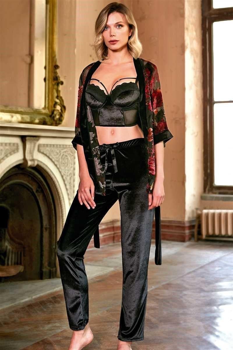 Kadın Tül Çiçek Baskılı Sabahlık Balenli Destekli Dolgulu Yaka Detaylı Kadife Dantelli Büstiyer Sütyen ve Pantolon Pijama 3'lü Takım (5686)