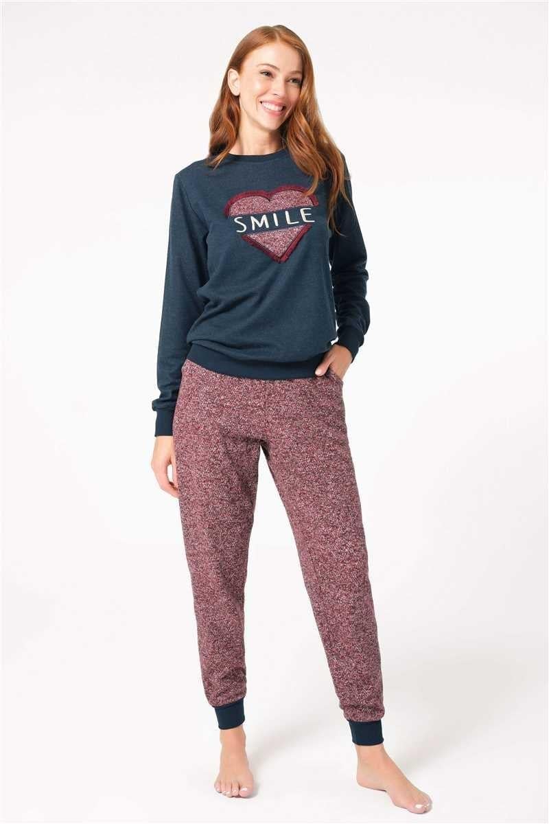 Kadın Viskon Göğüs İşlemeli Uzun Kol Sweatshirt ve Pantolon Pijama Takım (9740)