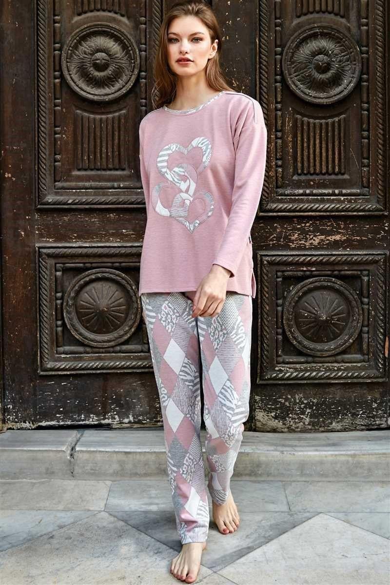 Kadın Viskon Göğüs İşlemeli Uzun Kol Sweatshirt ve Ekose Pantolon Pijama Takım (9741)