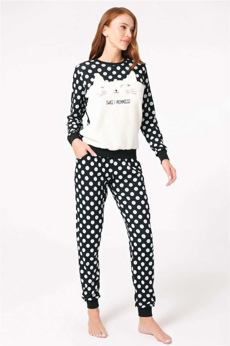 Kadın Viskon Puantiyeli Göğüs Kedi İşlemeli Uzun Kol Sweatshirt ve Pantolon Pijama Takım (9759)