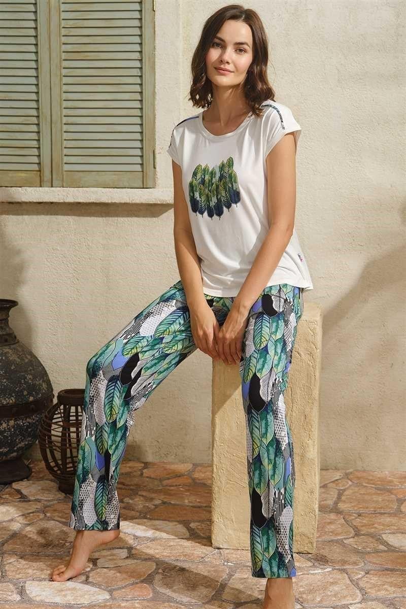 Kısa Kol Bisiklet Yaka Kadın Viskon Çiçek Desenli Yazlık Uzun Uzun Paçalı Pijama Takımı Anıl 9814