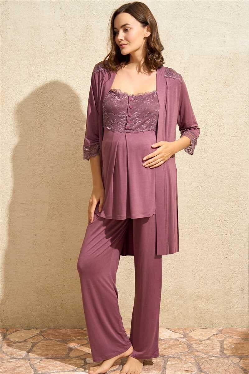 Sıfır Kol Oyuk U Yaka Viskon Düz Yazlık Uzun Dantel Detaylı Hamile Pijama Takımı Sabahlık Anıl 5778