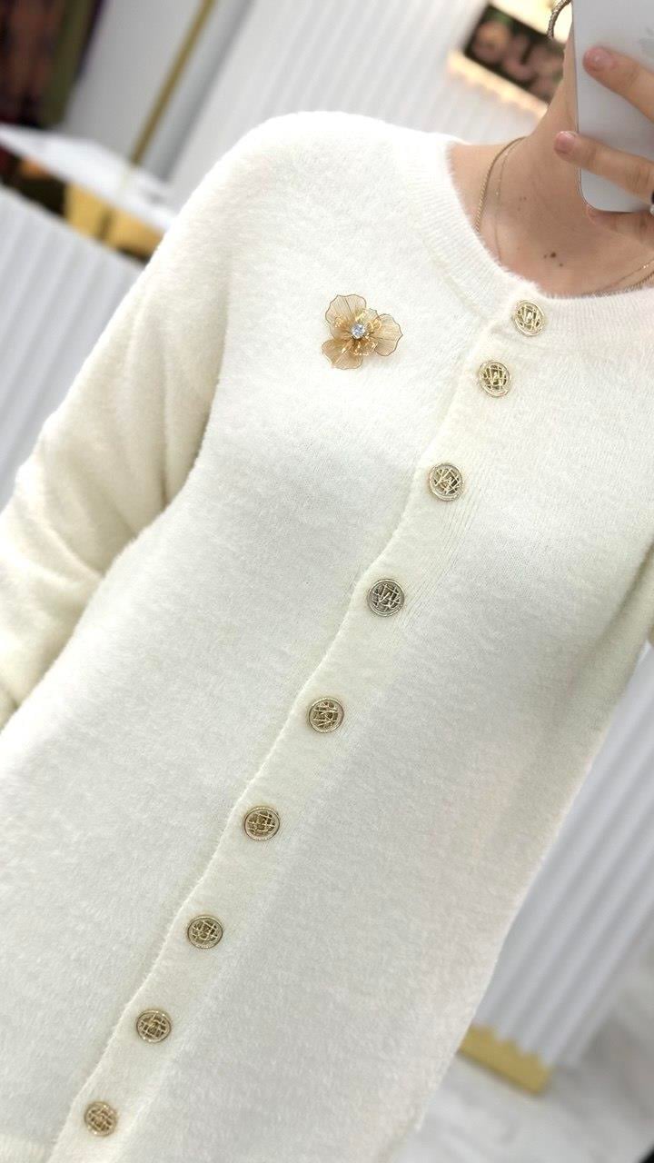 Angora Broşlu Uzun Ceket 7668