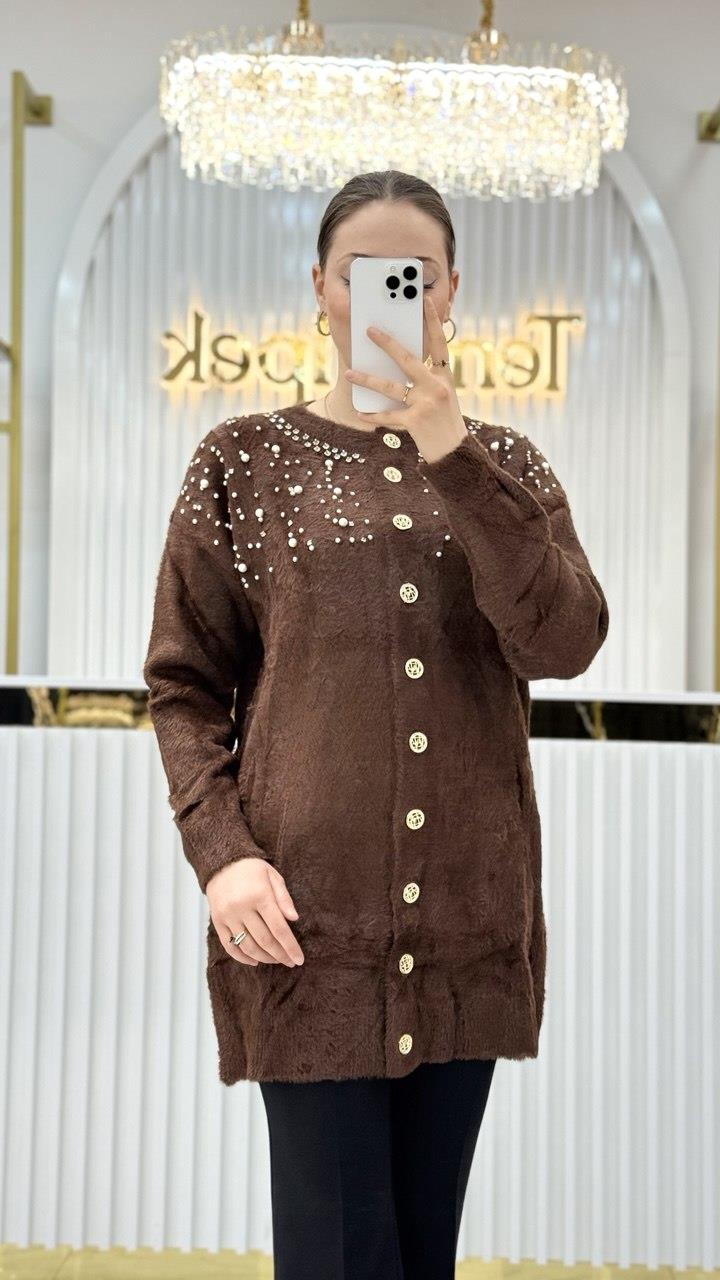 Angora İncili Uzun Ceket 7585