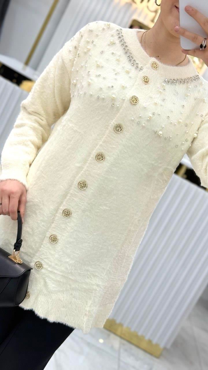 Angora İncili Uzun Ceket 7585