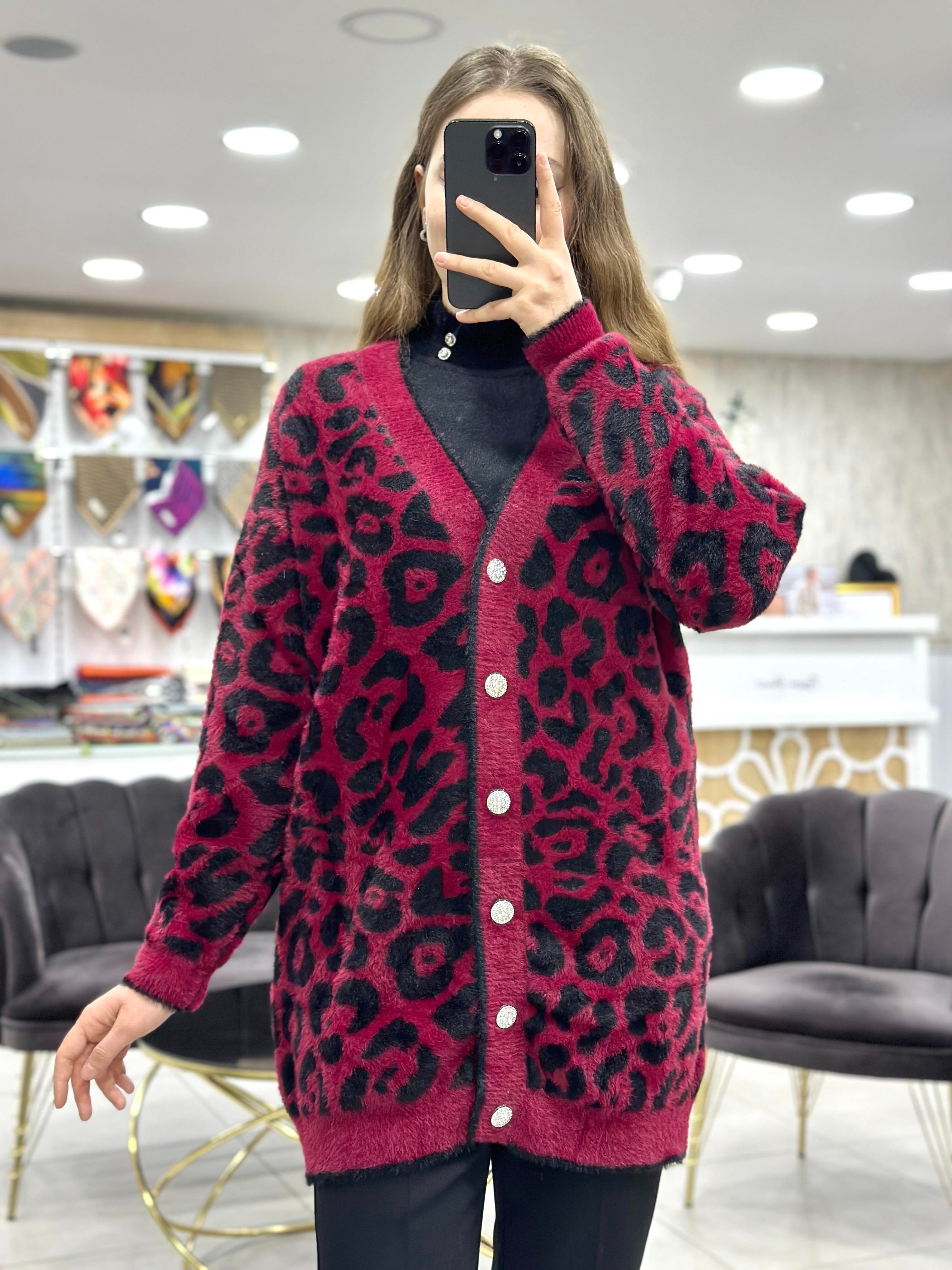 Angora Leopar Desenli Uzun Hırka 101002