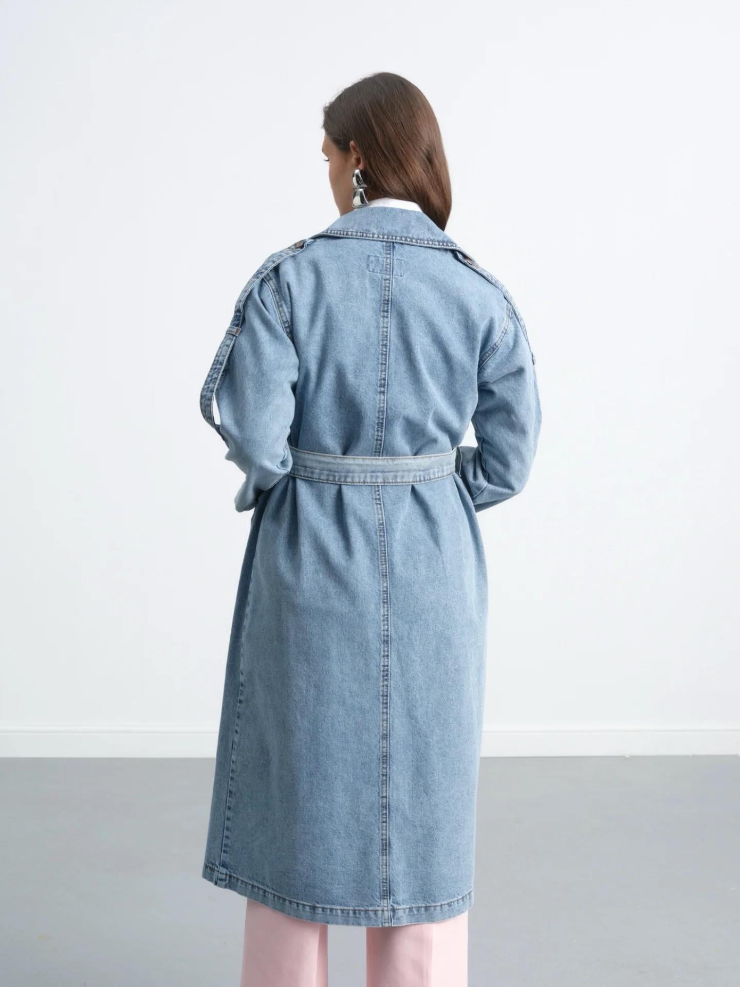 Apolet Omuz Detaylı Kruvaze Yaka Kuşaklı Denim Uzun Denim Gabardin Trençkot 6822
