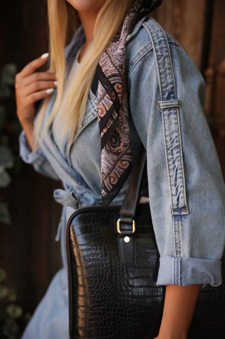 Apolet Omuz Detaylı Kruvaze Yaka Kuşaklı Denim Uzun Denim Gabardin Trençkot 6822