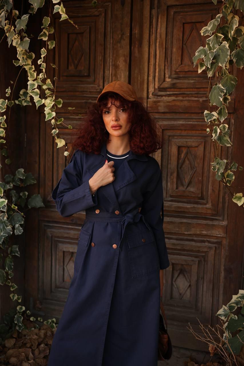 Apolet Omuz Detaylı Kruvaze Yaka Kuşaklı Denim Uzun Denim Gabardin Trençkot 6822