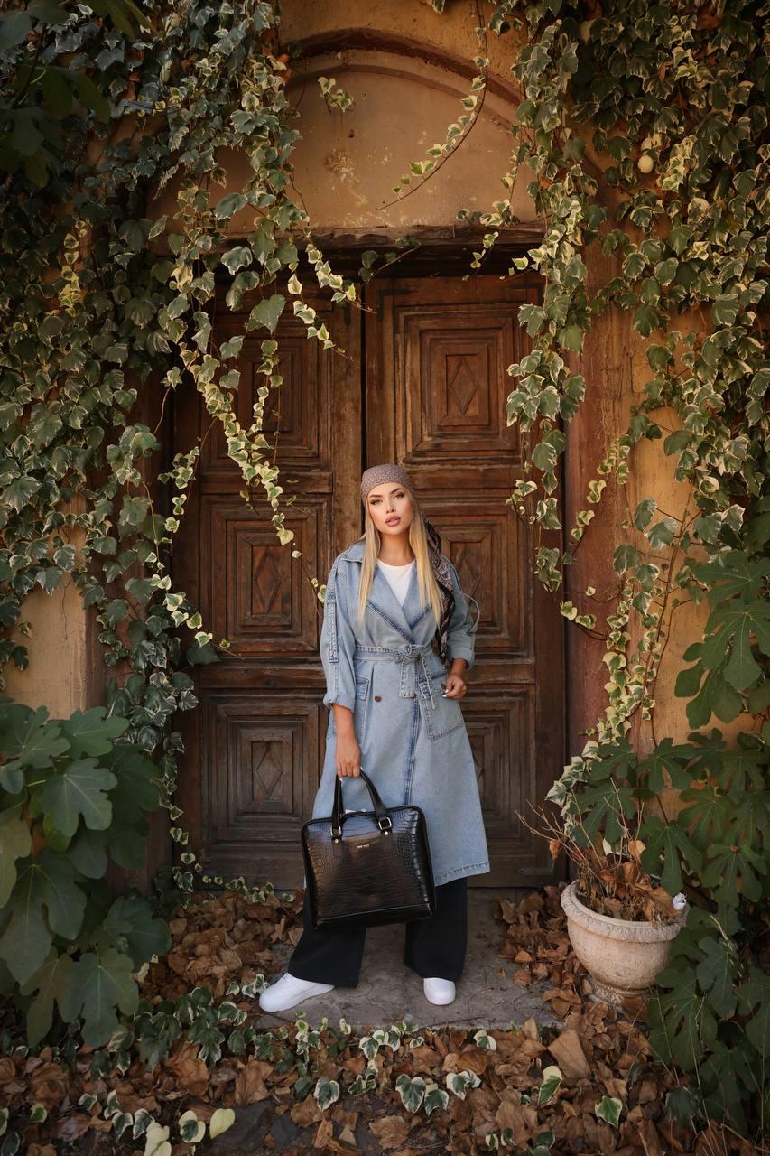 Apolet Omuz Detaylı Kruvaze Yaka Kuşaklı Denim Uzun Denim Gabardin Trençkot 6822