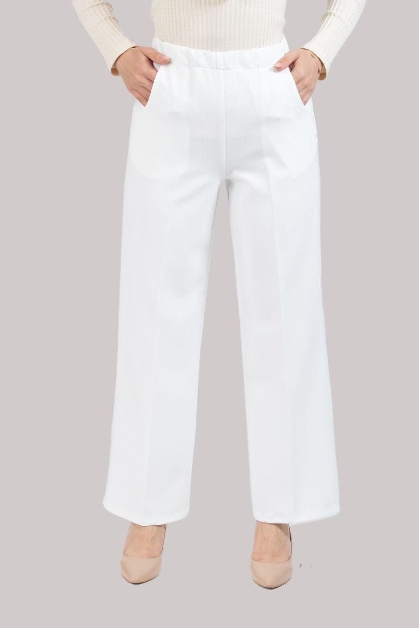 Beli Lastik Detaylı Bol Paça Pantolon Double Kumaş 1496