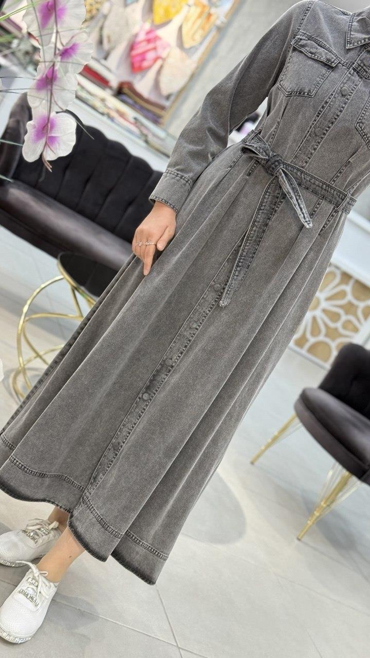 Çift Cepli Denim Kot Elbise 1528