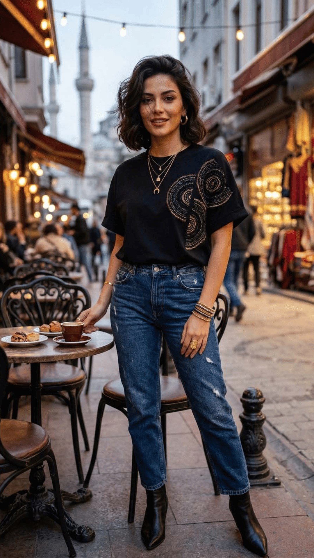 Geometrik Nakış Detaylı Tişört