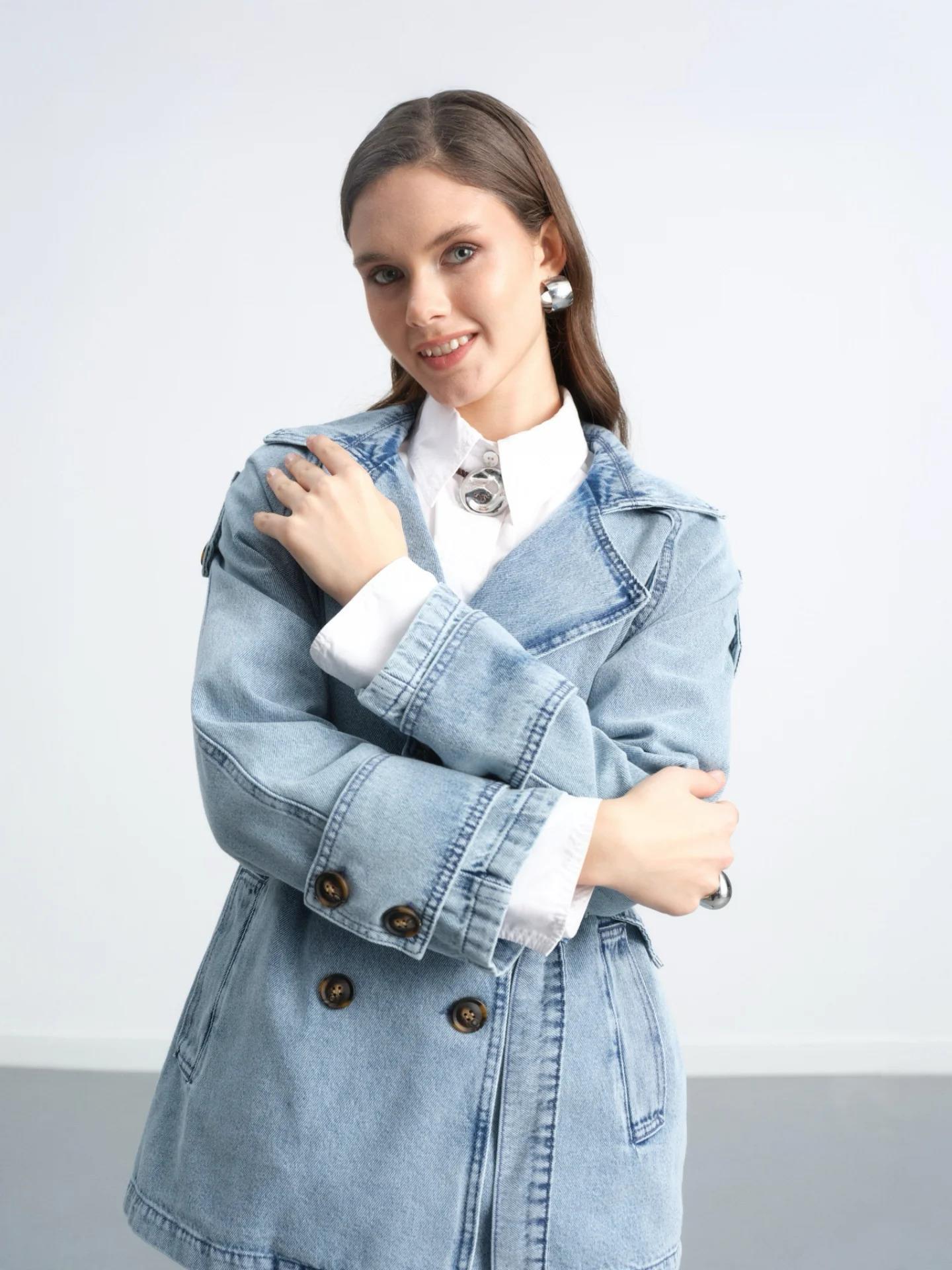 Kruvaze Yaka Kuşaklı Cepli Denim Trençkot 7274