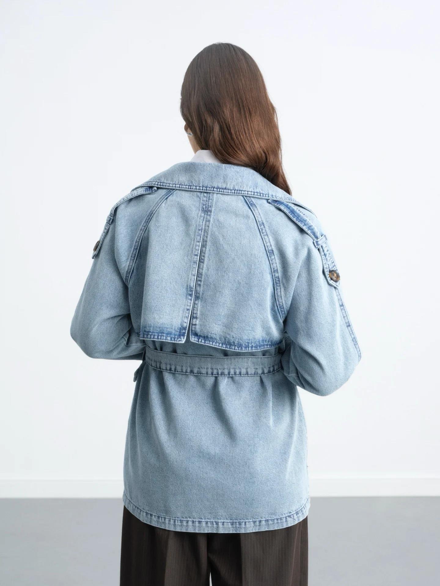 Kruvaze Yaka Kuşaklı Cepli Denim Trençkot 7274
