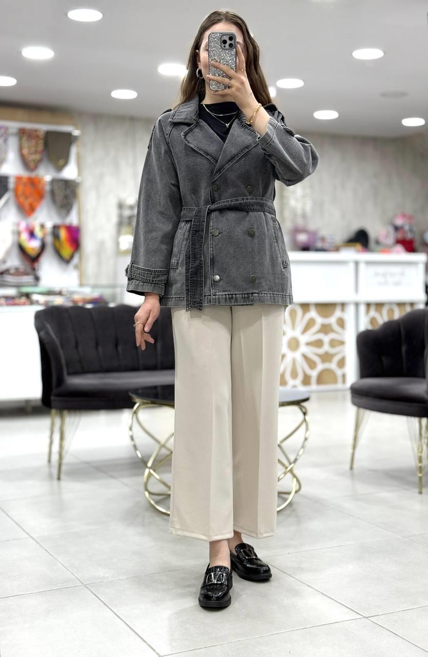 Kruvaze Yaka Kuşaklı Cepli Kısa Denim Kot Trençkot 7228