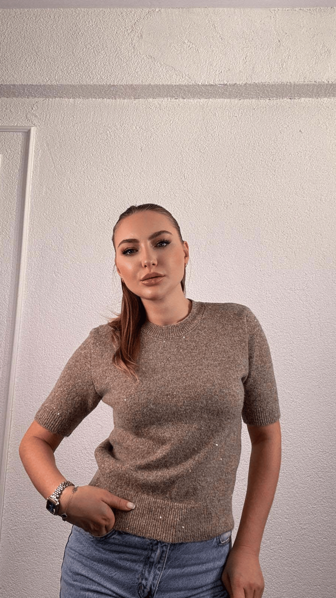 Simli ve Pullu Basic Kısa Kol Kazak 7666