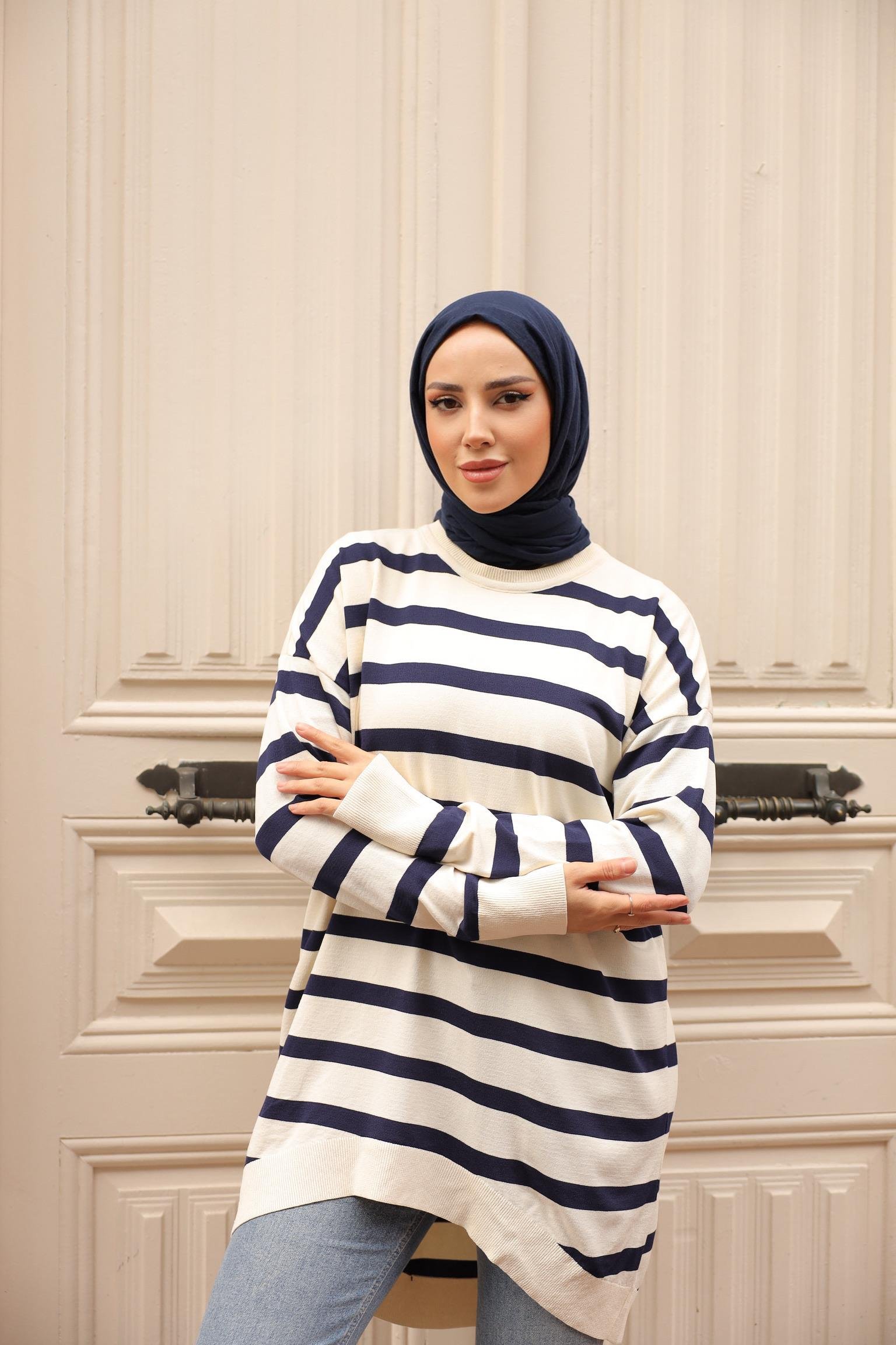 Soğuk Tuşe Oversize Çizgili Tunik 14854