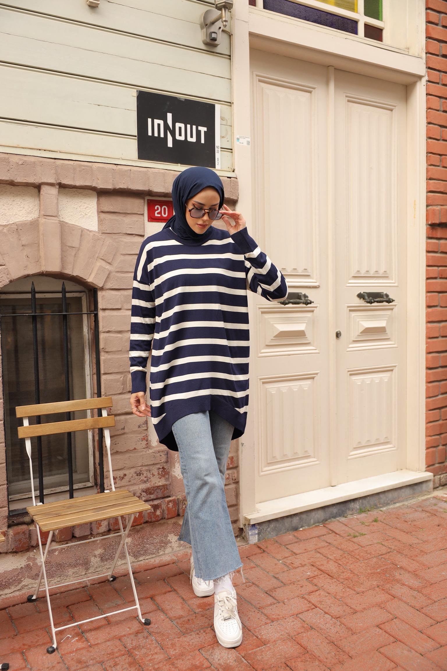 Soğuk Tuşe Oversize Çizgili Tunik 14854