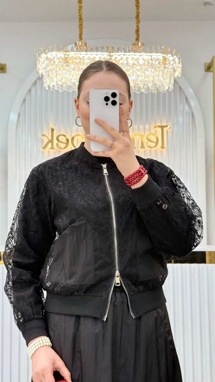 Transparan Çift Cepli Dantel Bomber Ceket M38649