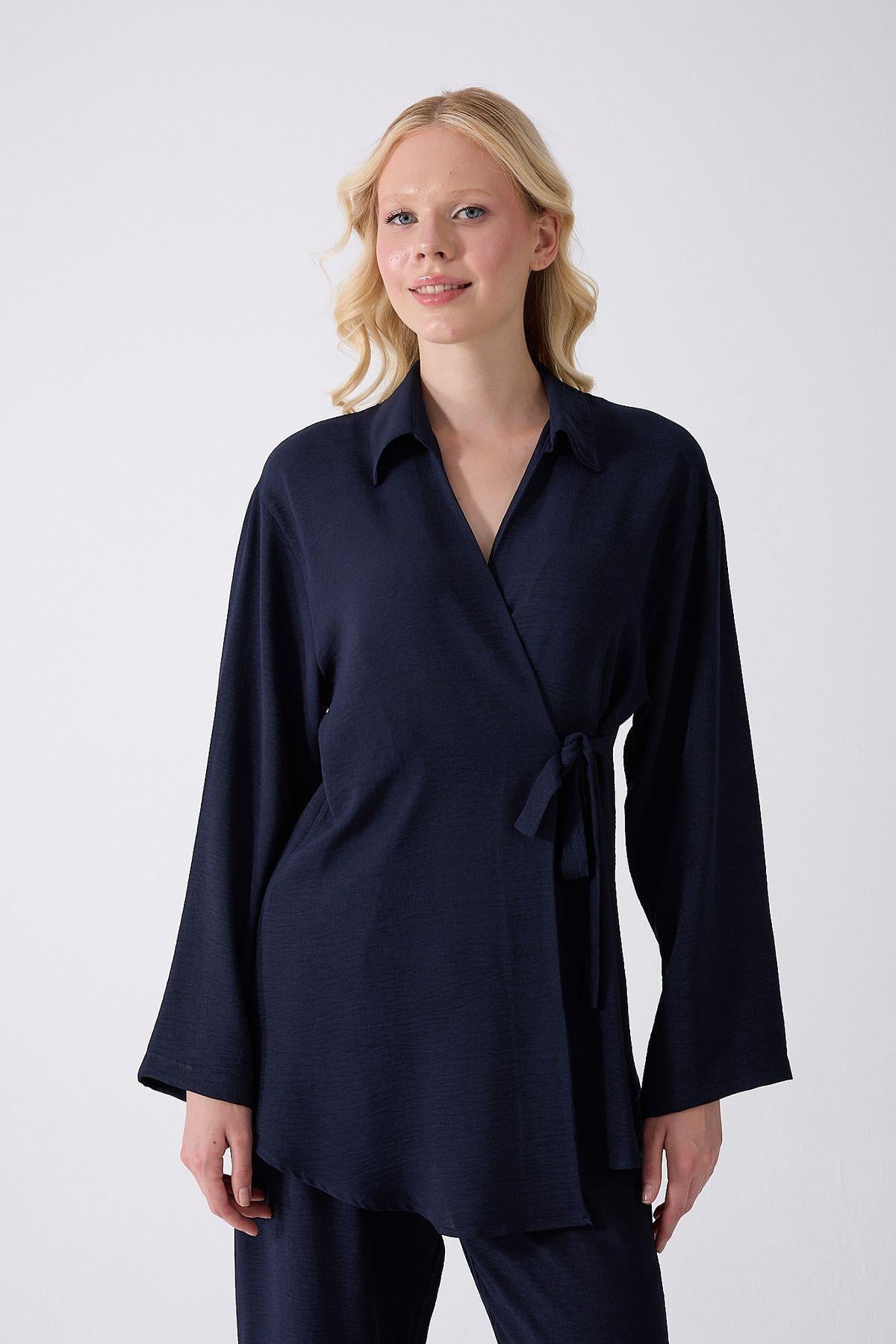 Lacivert Bağlamalı Kimono Takım – Oversize Rahat Kesim