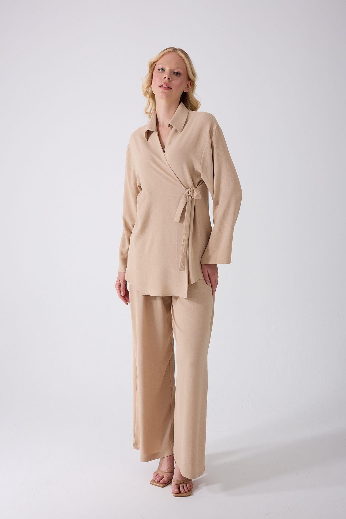 Bej Kruvaze Bağlamalı Kimono Takım – Oversize Rahat Kesim