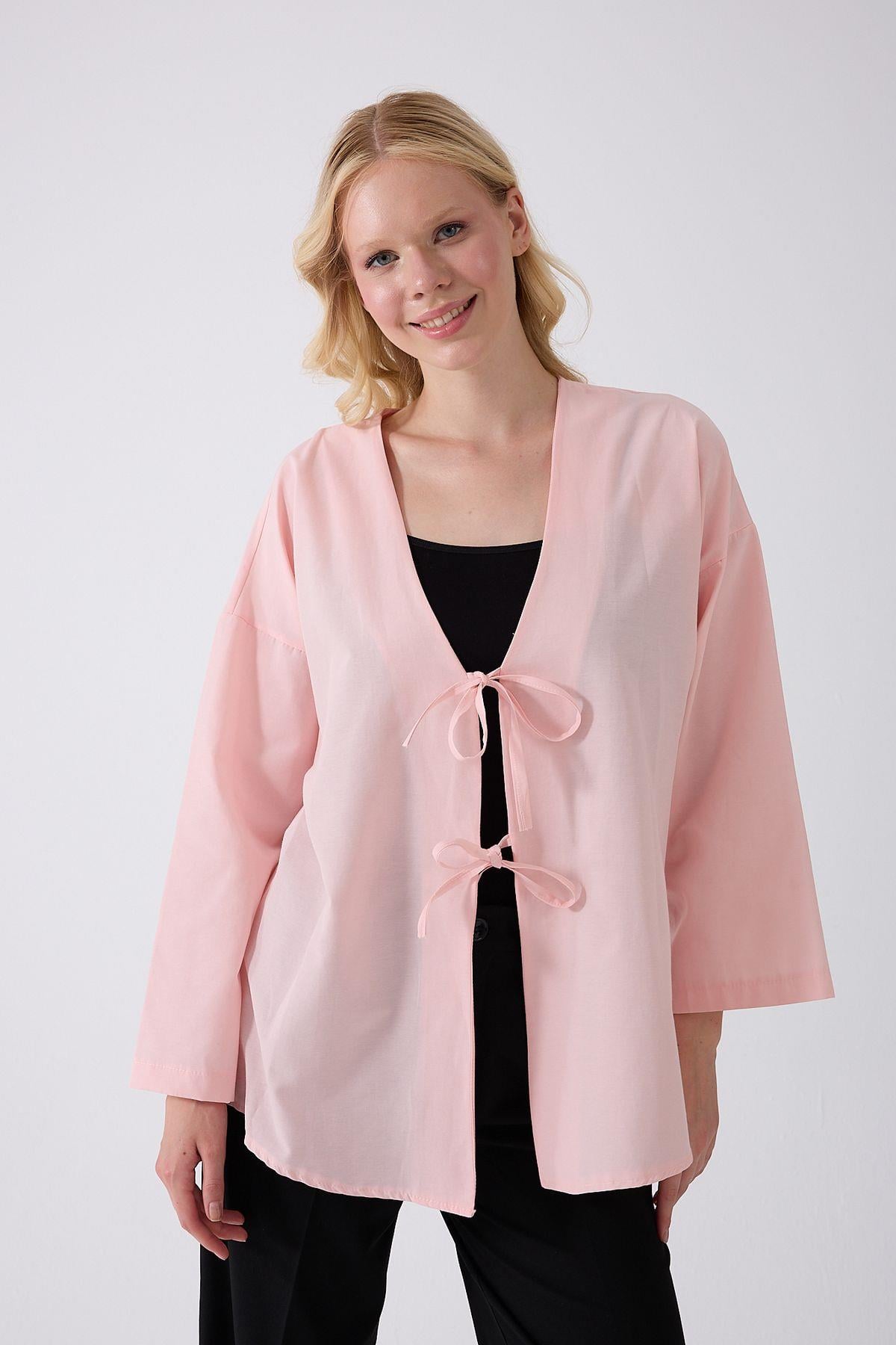 Önü Baglamalı Pembe Kimono Tunik