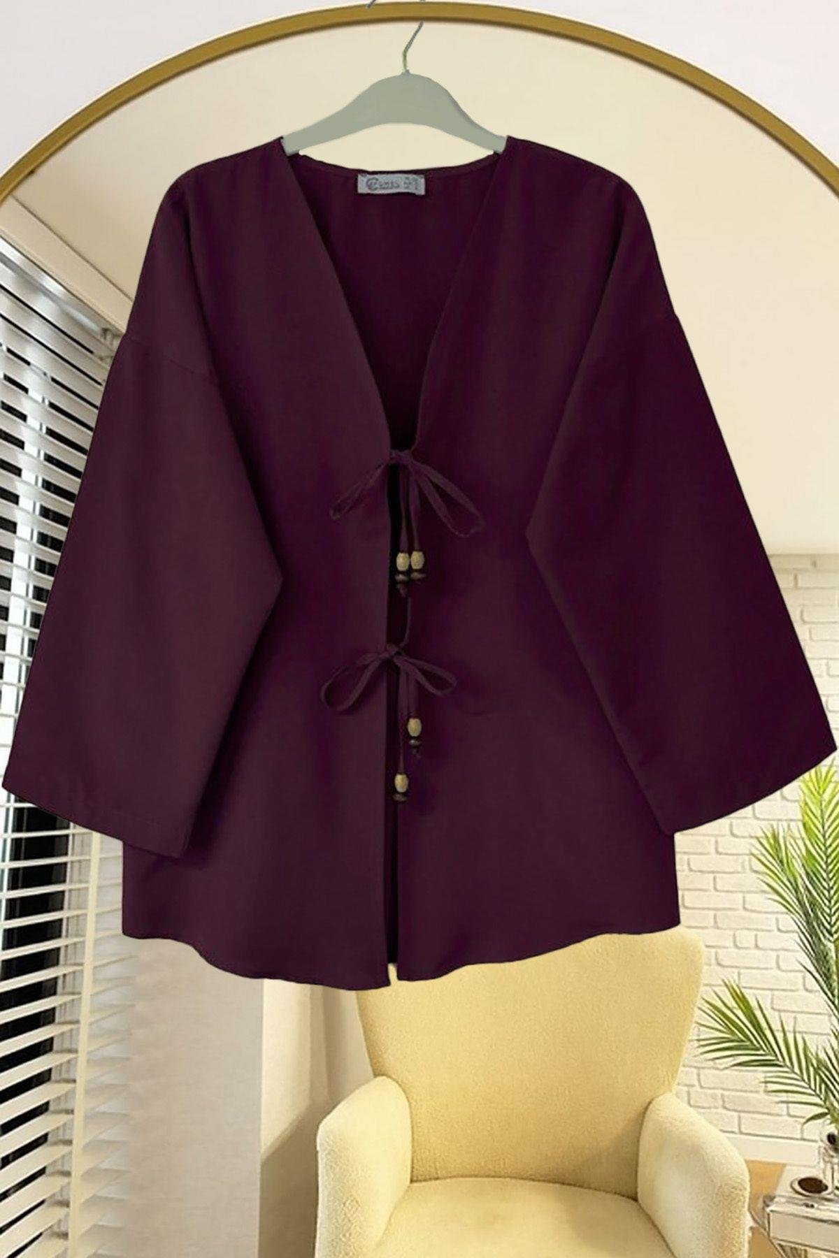 Önü Baglamalı Bordo Kimono Tunik Oversize