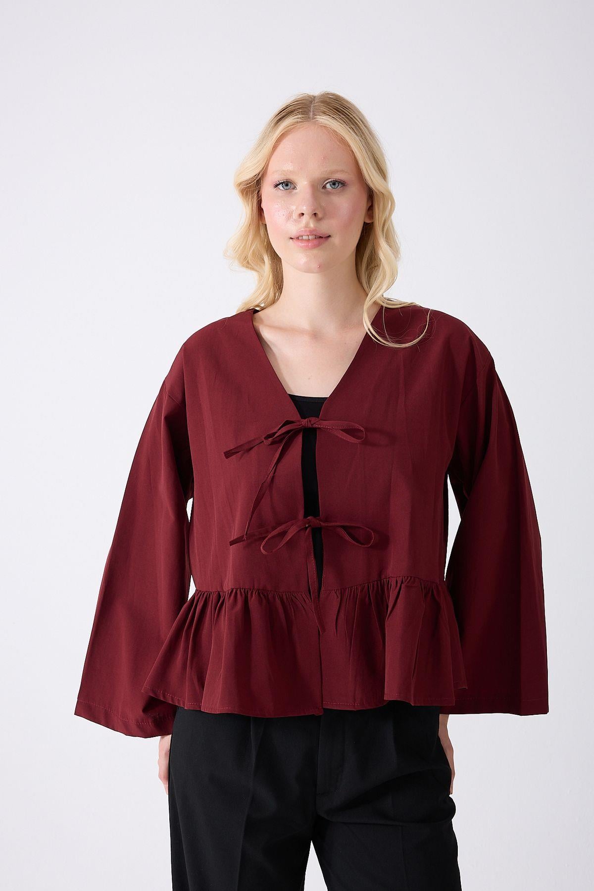 Önü Baglamalı Bordo Fırfırlı Kimono