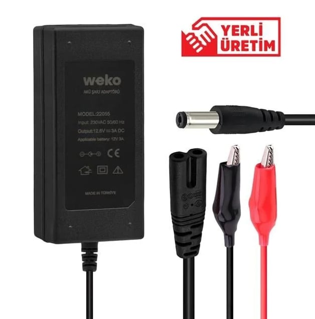 Weko 14.6V 3A LiFePO4 Şarj Adaptörü – 4S Batarya, Krokodil Uçlu, Yerli Üretim