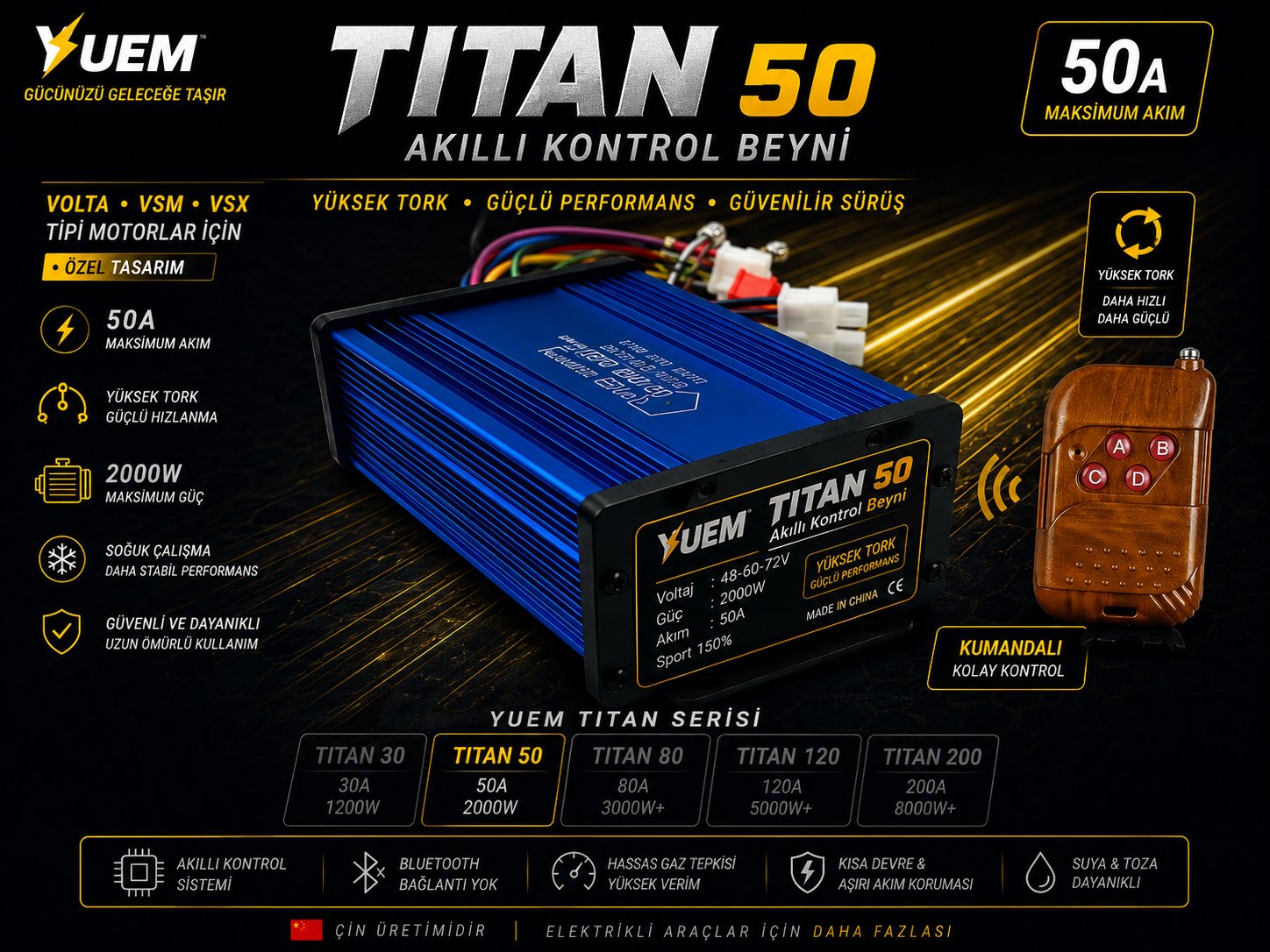 YUEM TITAN 50 PRO Kumandalı Yüksek Tork Kontrol Beyni 50A 48V-60V-72V