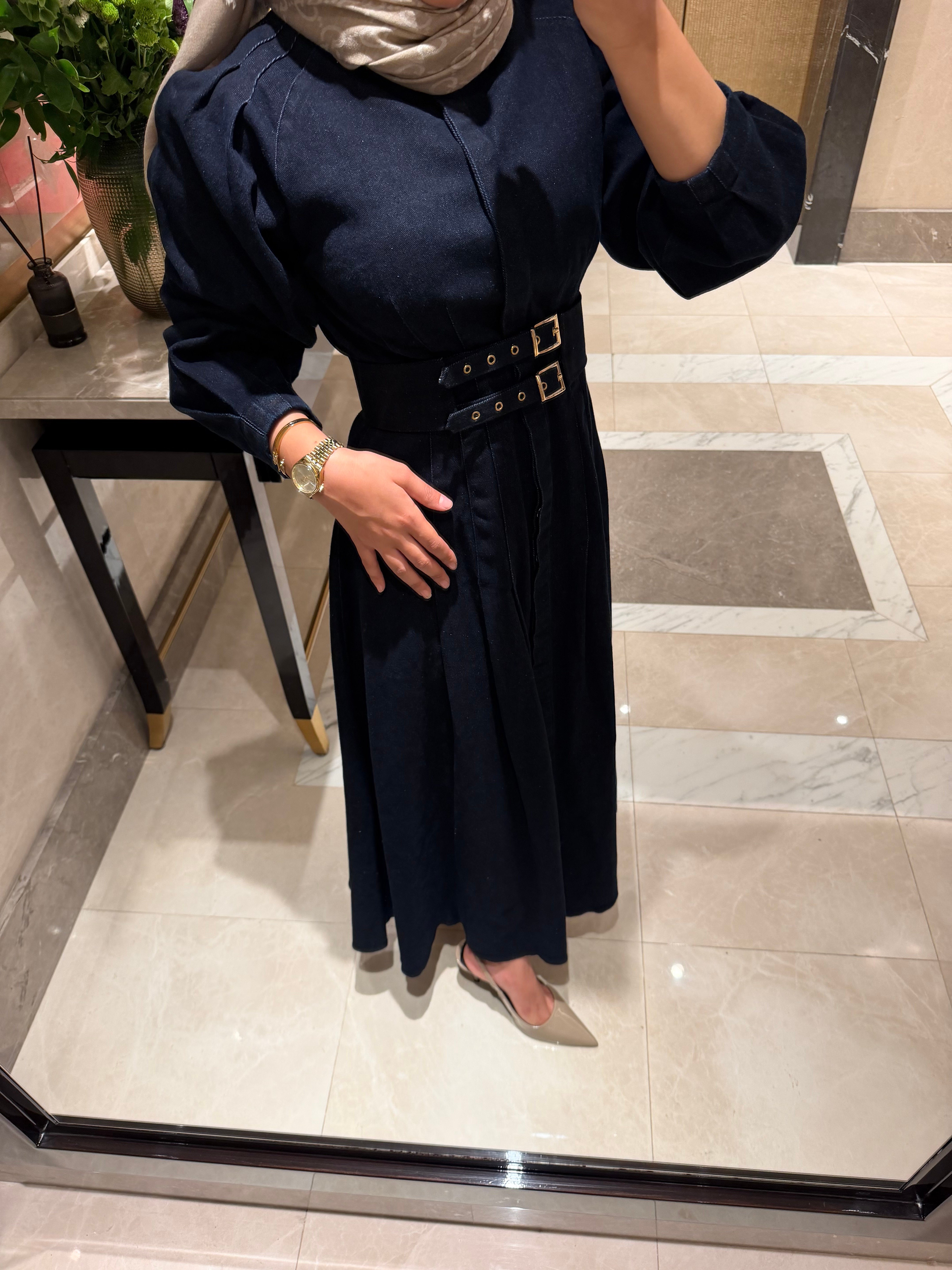 PREMIUM KEMERLİ DENIM ELBİSE- LACİVERT