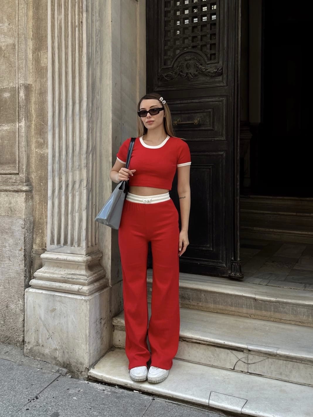 Crop pantolon biyeli takım kırmızı