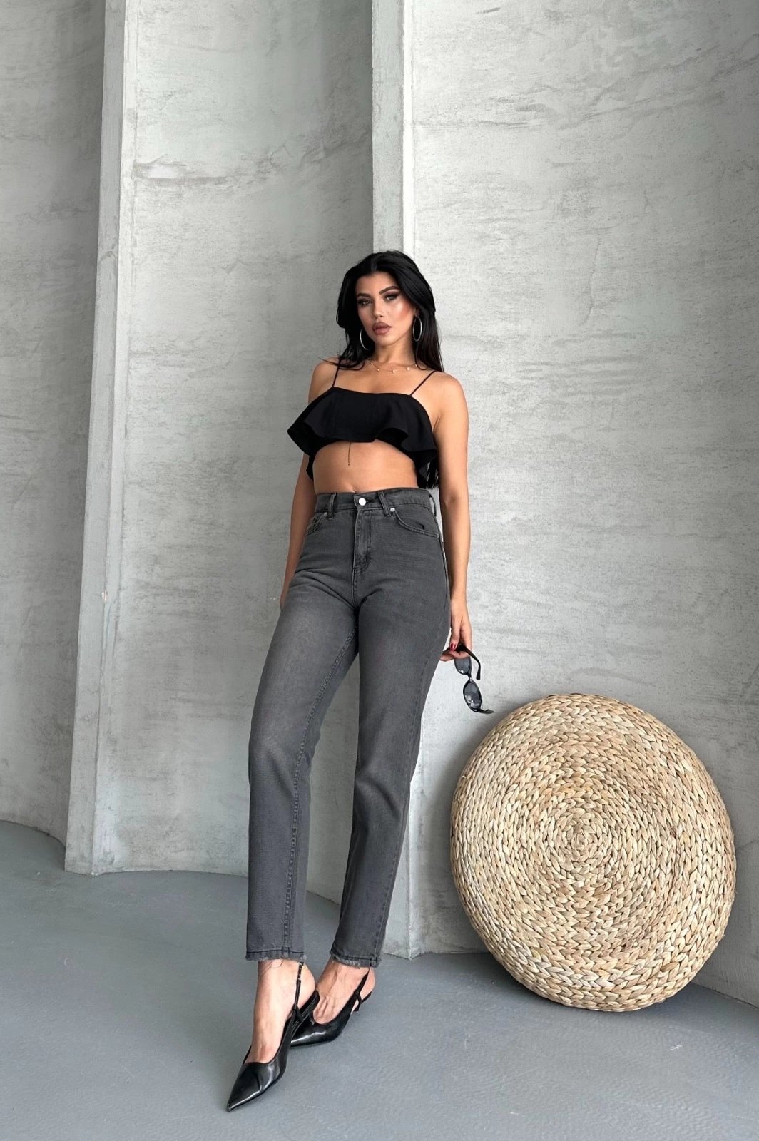 Mom fit enzim taş yıkama jeans pantolon füme d2006