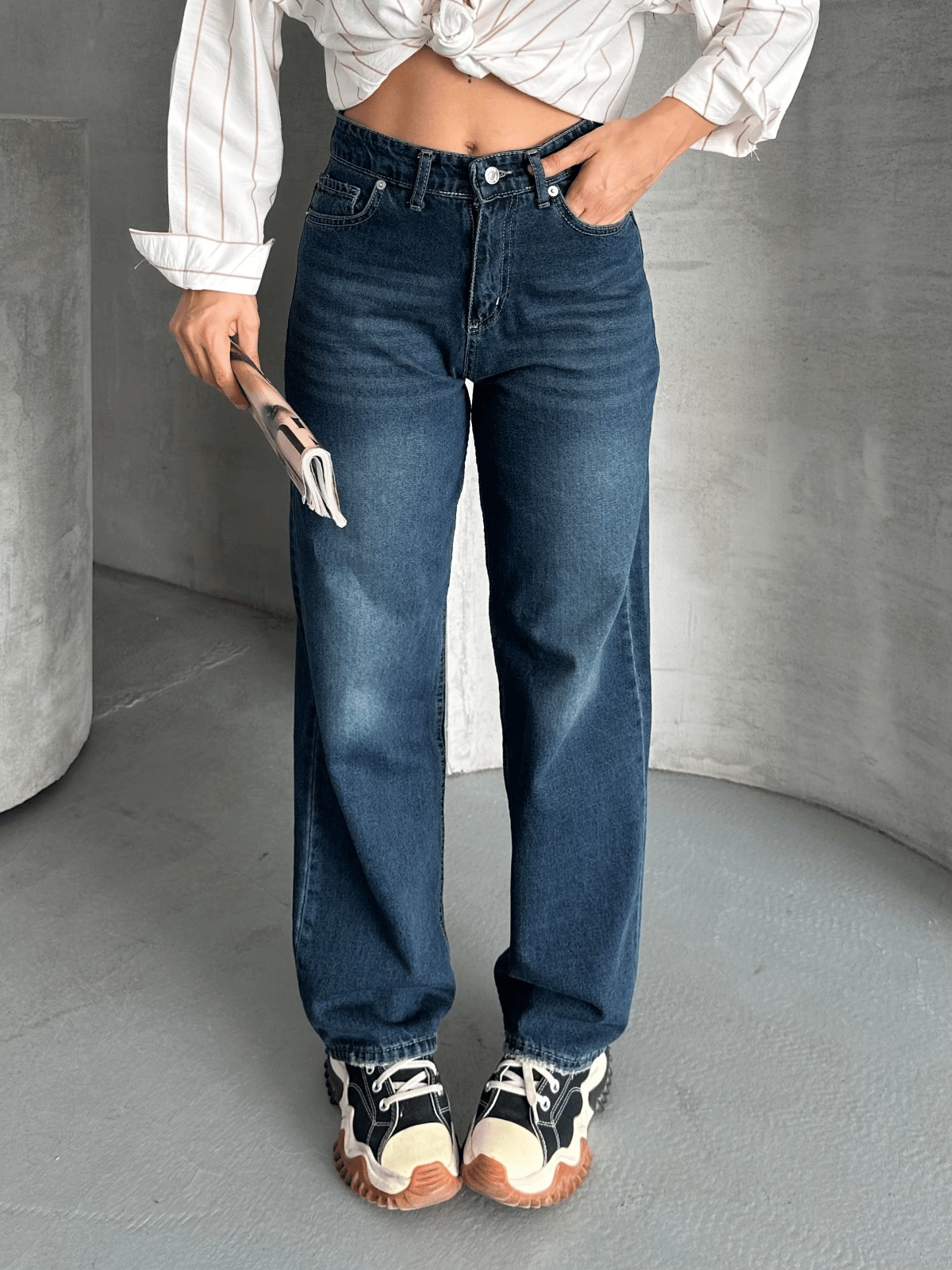 Palazzo bıyık enzim yıkama jeans pantolon koyu mavi d2008